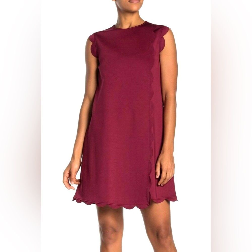 Ted Baker Maroon Burgundy Shift Scallop Ovelay Zip Dress Sz 2 Small